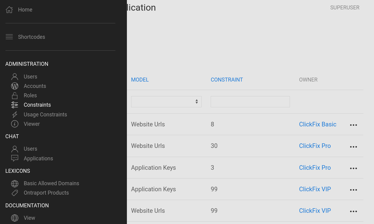 Earlier KlikFX administration interface for account constraints