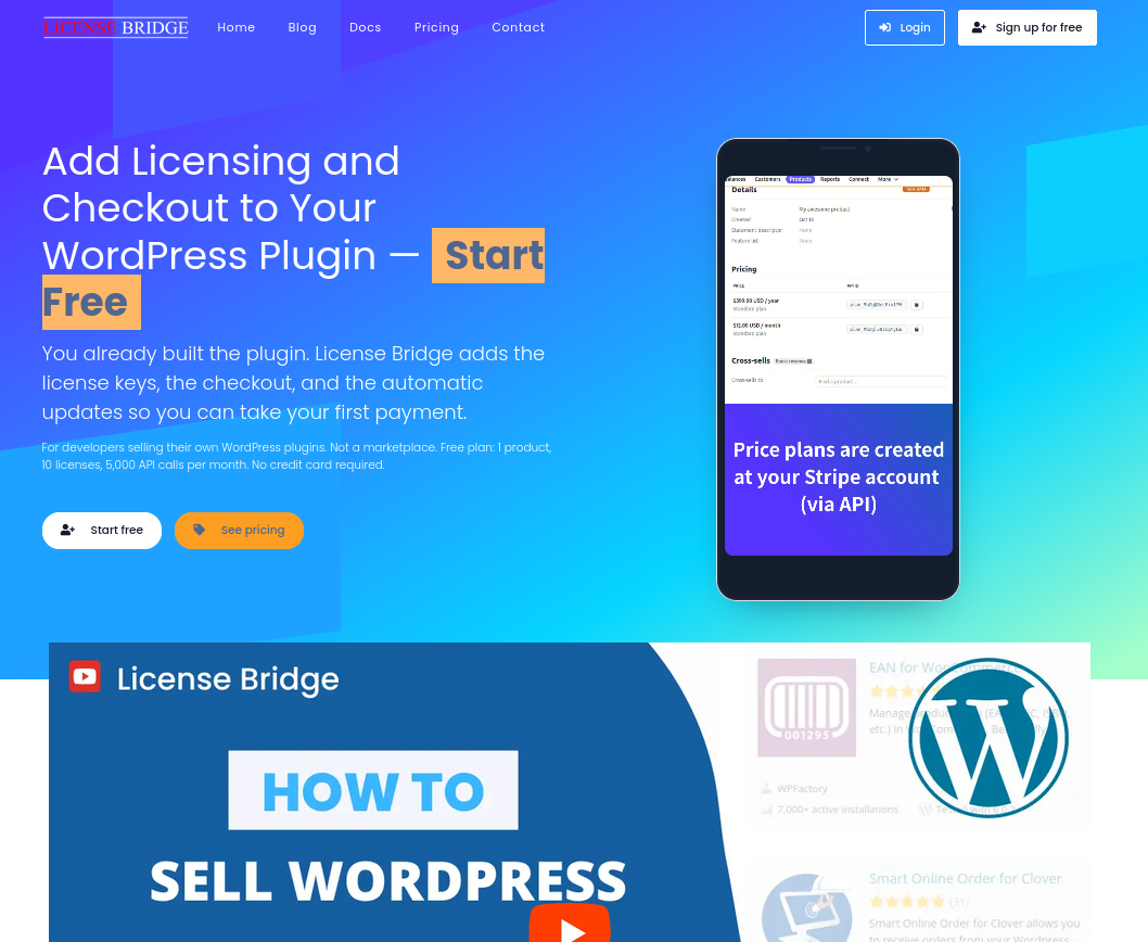 License Bridge website presenting WordPress licensing and checkout features