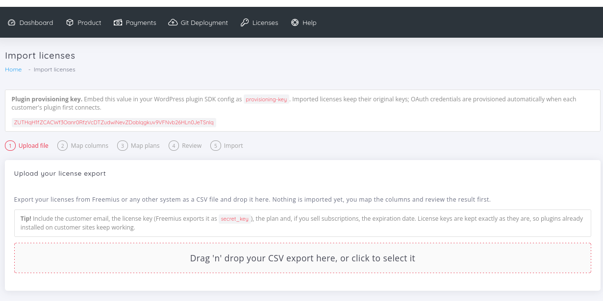 CSV license import workflow in License Bridge