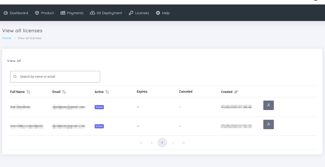 License management table in License Bridge with customer details redacted