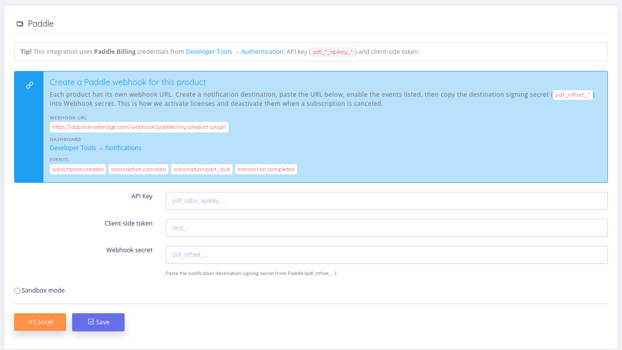 Paddle merchant integration and webhook setup in License Bridge