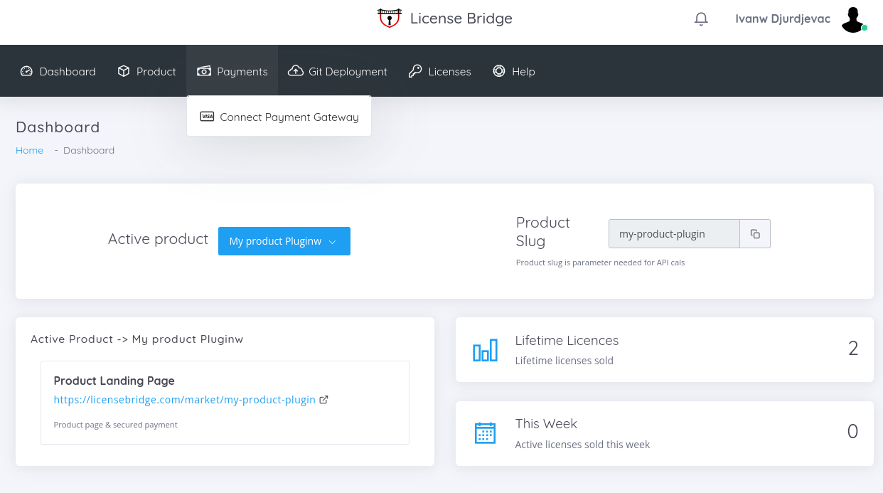 License Bridge merchant dashboard with product and license activity