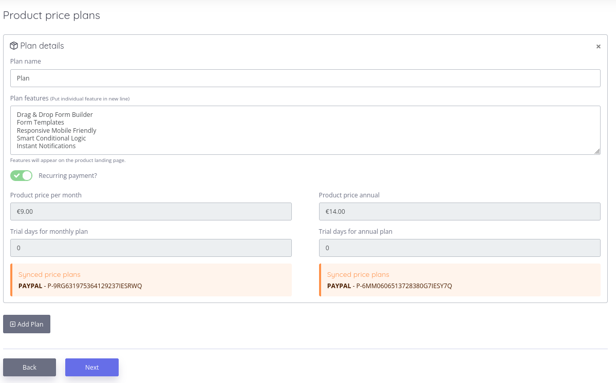 Product plan configuration for monthly and annual pricing in License Bridge