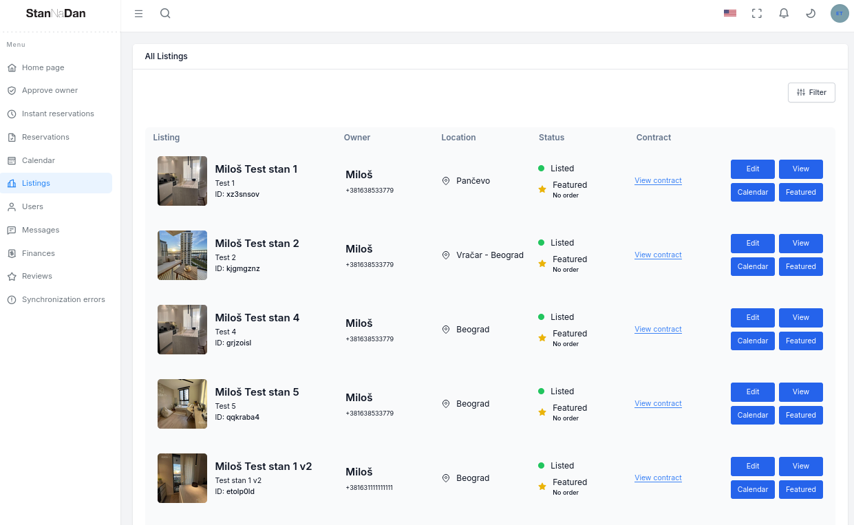 StanNaDan administration interface for managing accommodation listings
