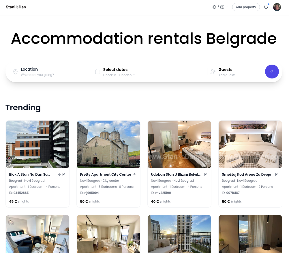 StanNaDan marketplace homepage with search and featured accommodation listings