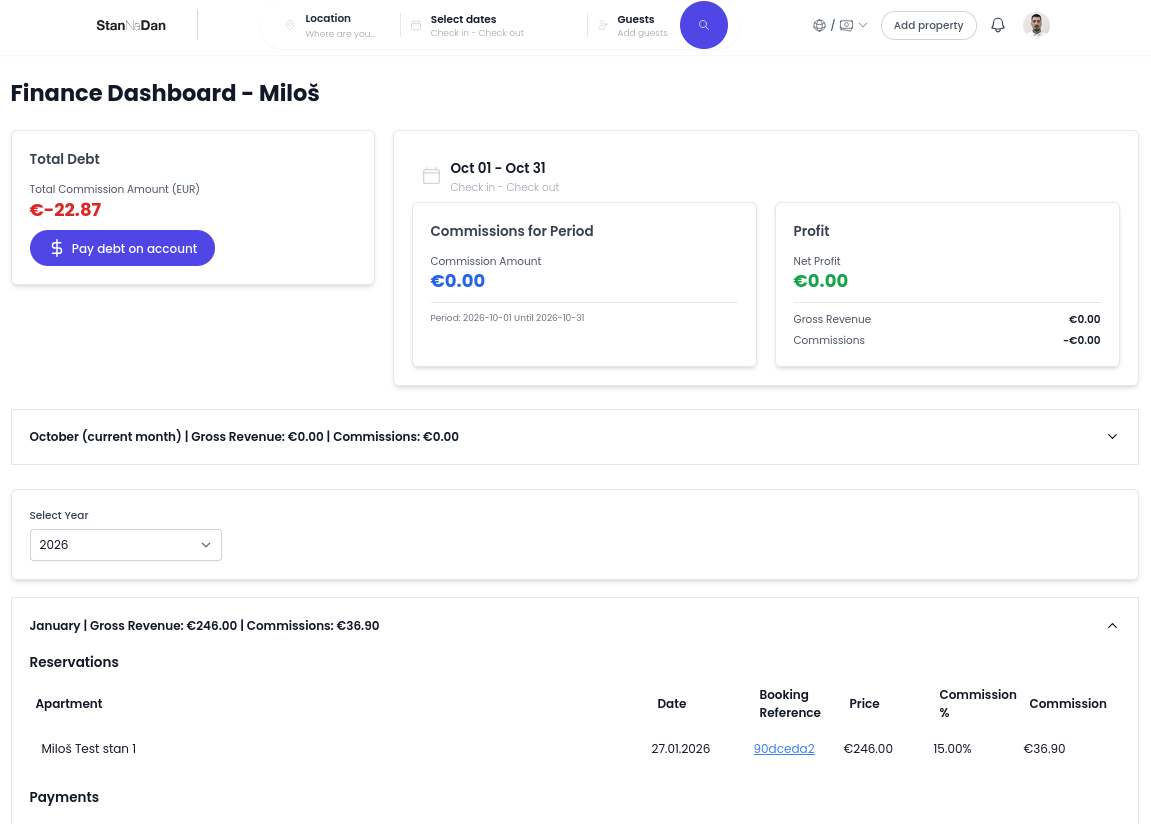 StanNaDan owner finance dashboard with booking and commission information