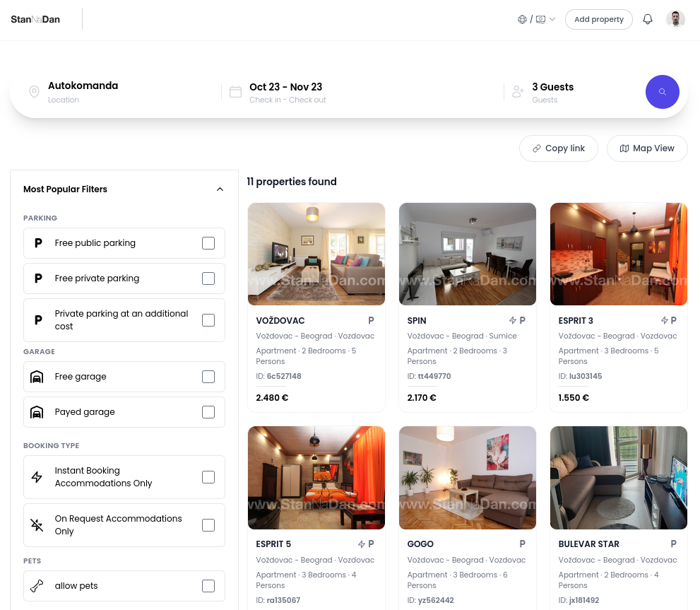 StanNaDan property search results with filters and accommodation cards